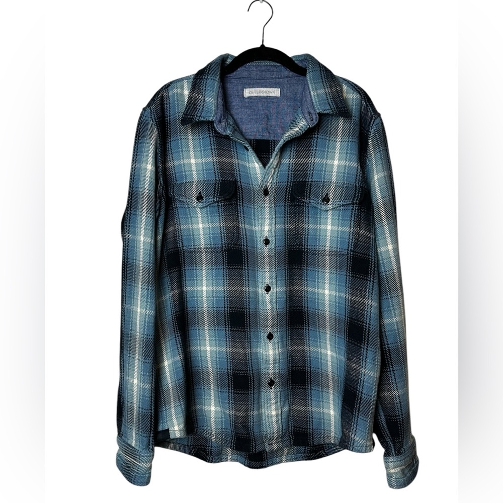 OUTERKNOWN Blanket Shirt Shacket 100% Organic Cotton Blue Plaid Mens Medium